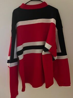 Red Stripe Crewneck Sweater with Black & White Accents